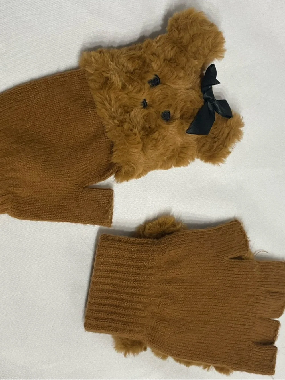 Girls One Size Cute Teddy Bear Convertible Mittens to Fingerless Gloves Like New